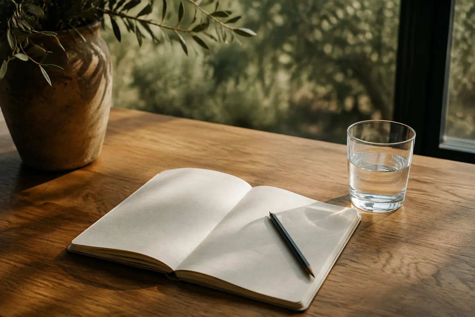 An open notebook and pencil in warm window light.